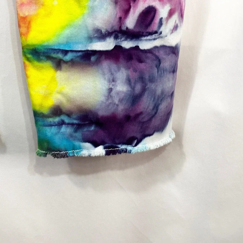 Crown & Ivy Sz 16 Capri Jeans‎ Handmade Tie Dye Denim Yellow Purple Raw Hem 1478